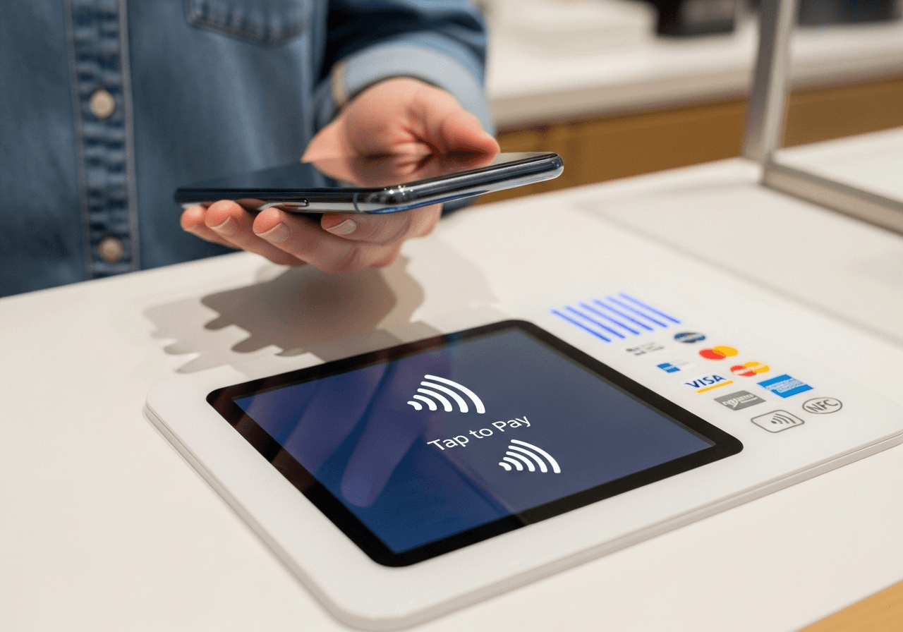 Contactless NFC mobile payment being processed at a business terminal