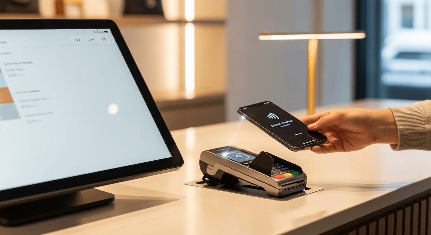 Modern contactless NFC payment system in use at a business