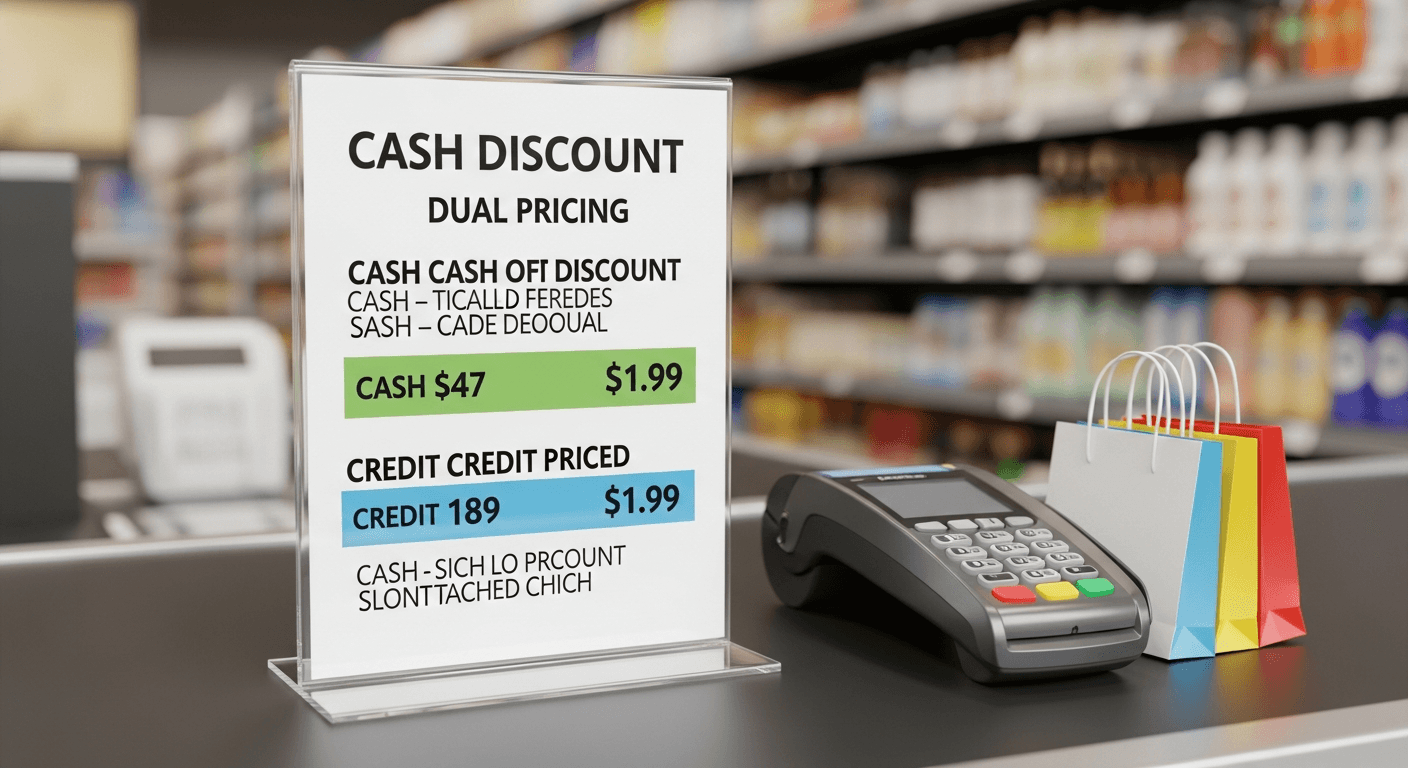 Dual pricing signage showing cash and card prices at a business